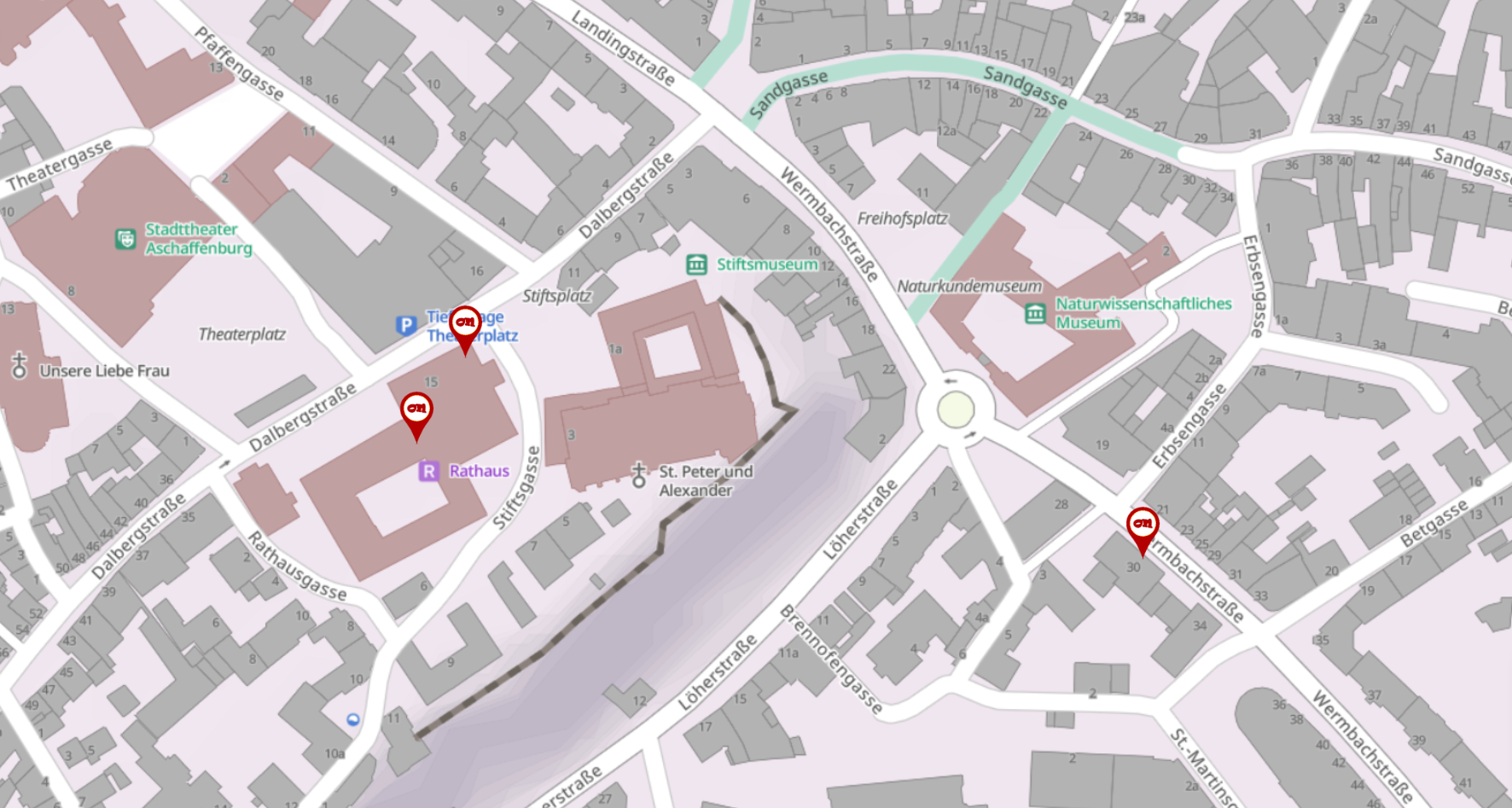 Stadtkarte von Aschaffenburg mit drei markierten Dienststellen. Die Standorte sind zusätzlich in einer Textliste unterhalb der Karte aufgeführt.