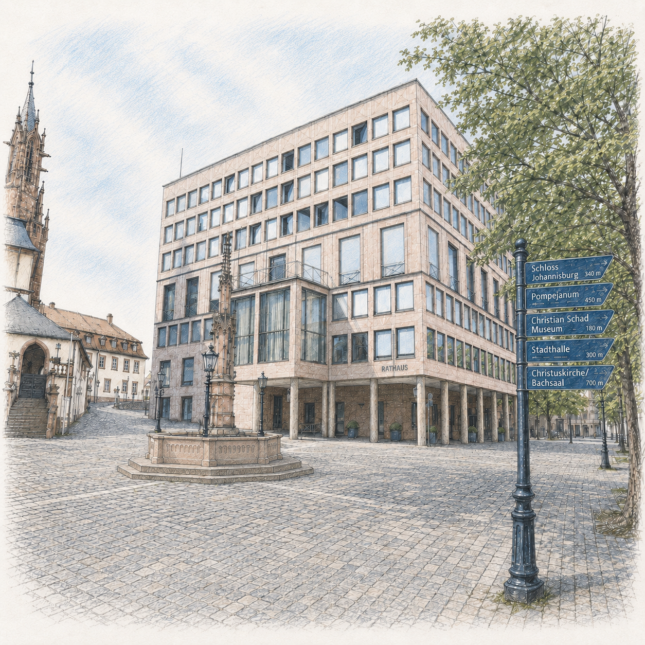 Illustration des Rathauses in der Dalbergstraße 15 mit dem Brunnen, dem Rathausgebäude und einem Wegweiser.