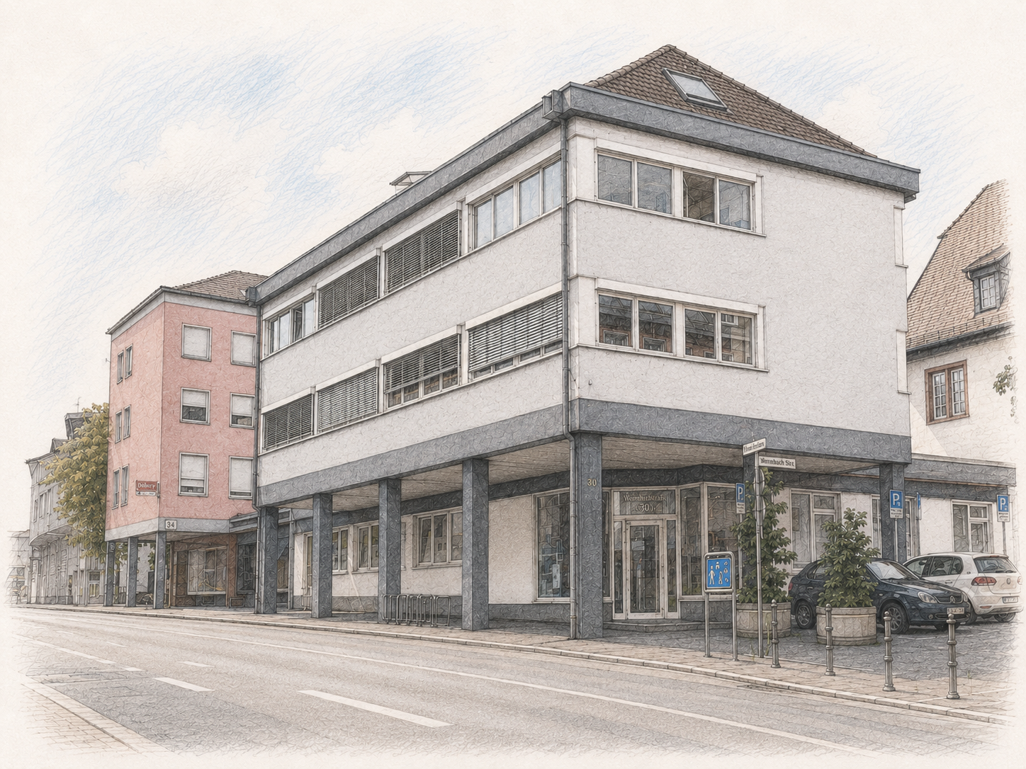 Illustration des Dienstgebäudes in der Wermbachstraße 30, von der gegenüberliegenden Straßenseite gesehen.